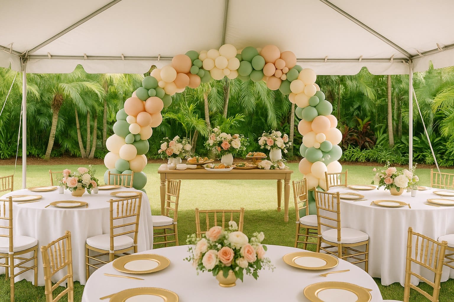 Elegant outdoor baby shower setup under a white event tent in Southwest Florida