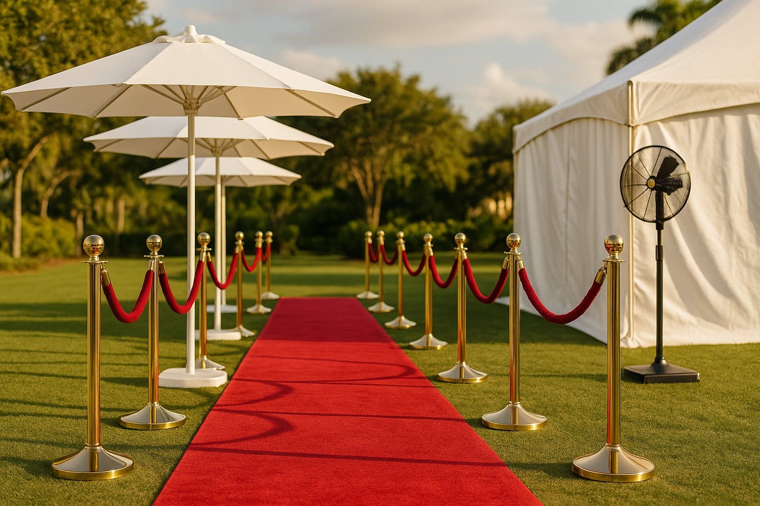 Event accessory rentals including brass stanchions, velvet ropes, patio umbrellas and a pedestal fan
