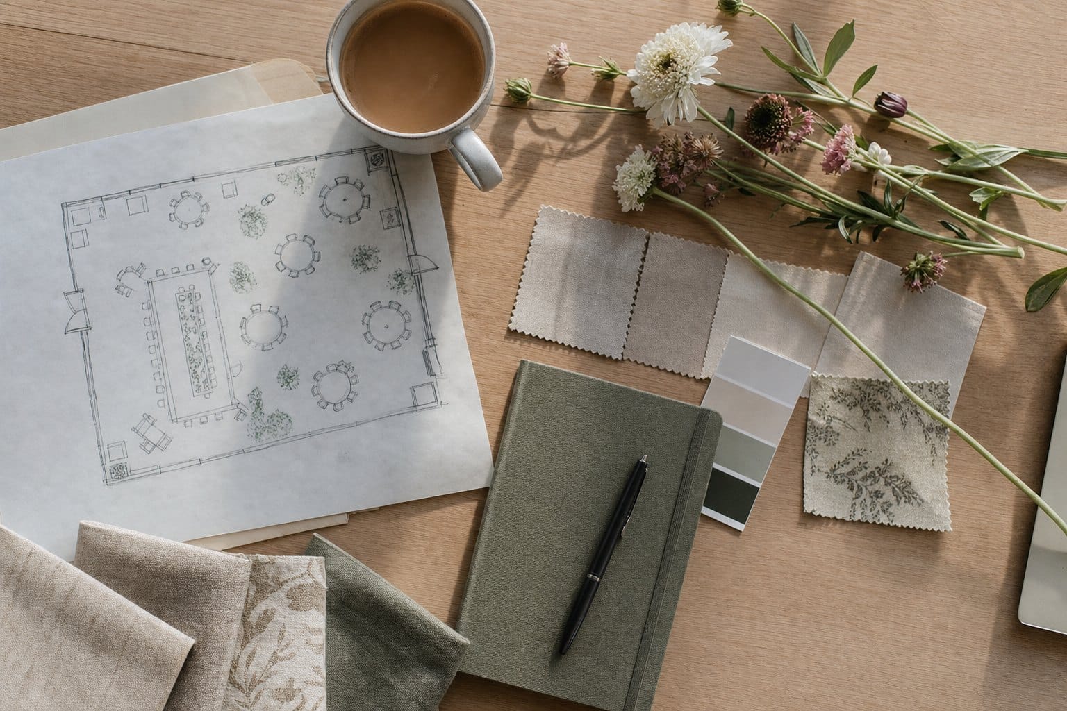 Event planner desk flat-lay with a hand-drawn floor plan, linen swatches, color palette and notebook by Creative Events & Rentals