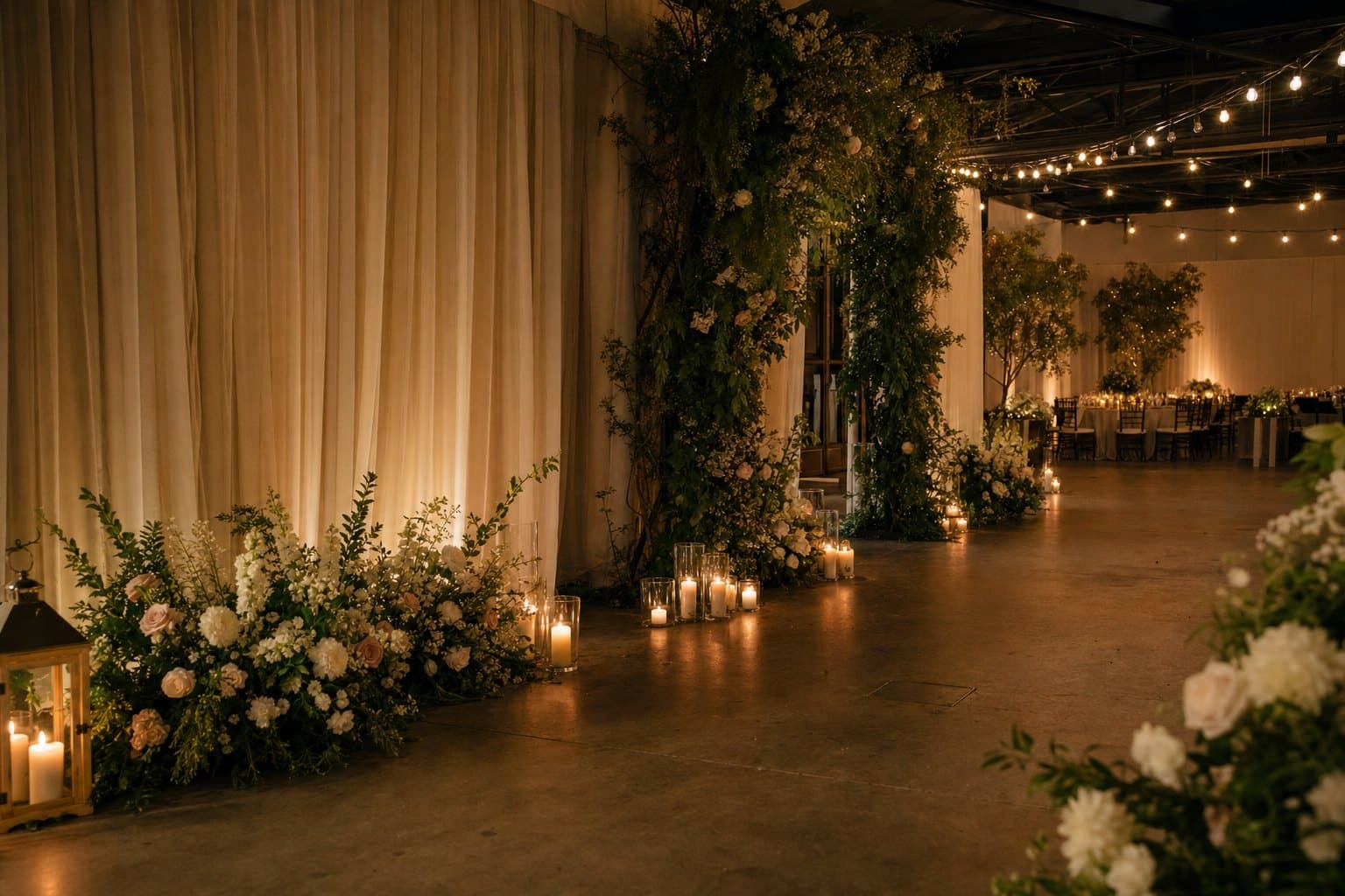 Elegant event decor with lush florals, fabric draping, a greenery arch and candlelight by Creative Events & Rentals