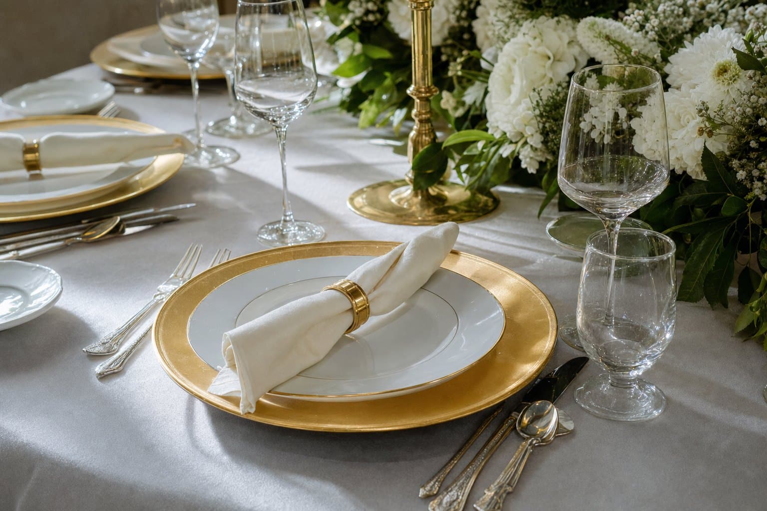 Elegant event table setting with white linen, gold charger plates and fine china by Creative Events & Rentals