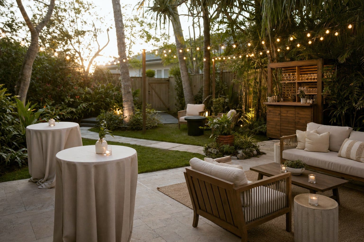 Upscale private backyard party with cocktail tables, lounge seating and a wood bar under string lights by Creative Events & Rentals