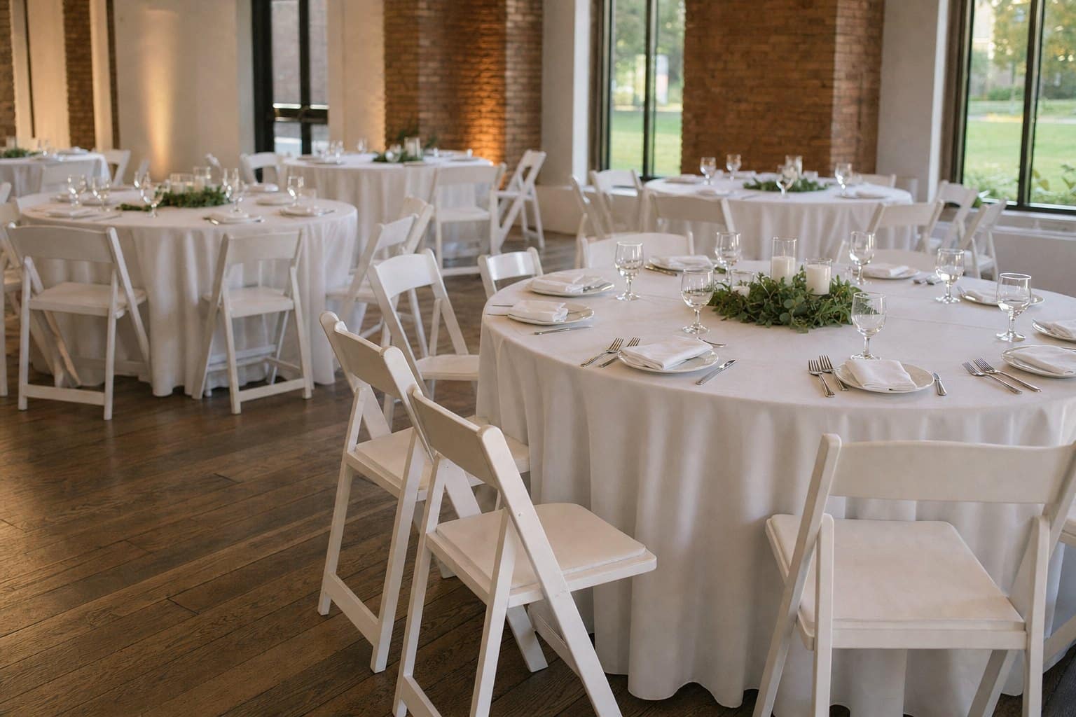 Round banquet tables in white floor-length linens with white folding chairs and place settings by Creative Events & Rentals