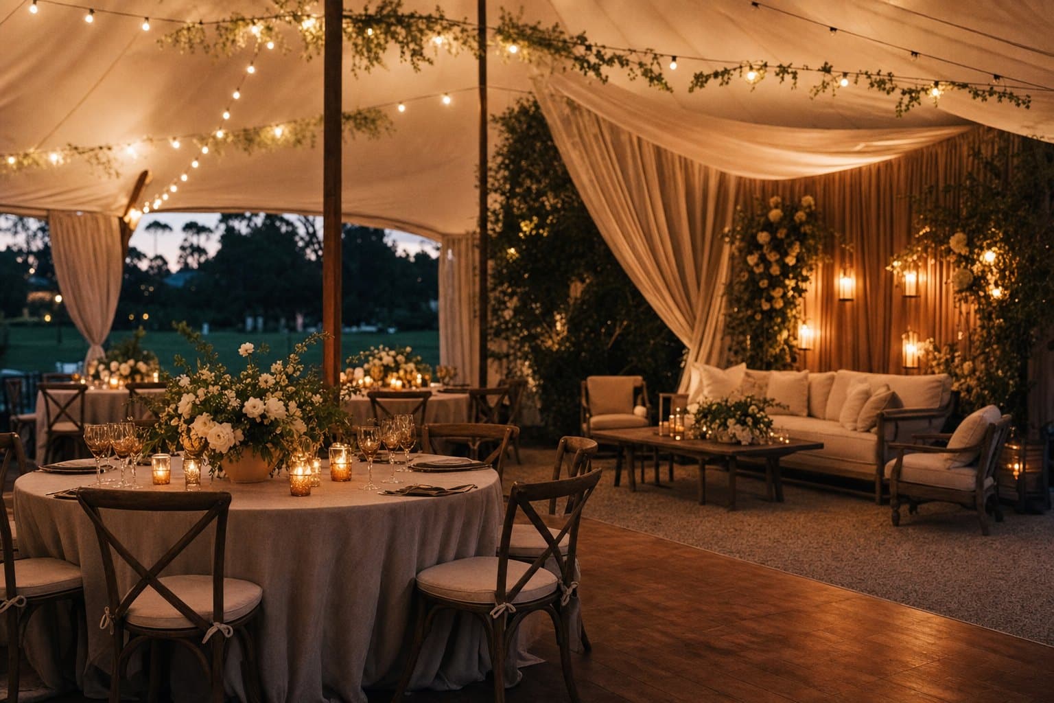 Stylishly themed tented event reception with draped backdrop, floral centerpieces and a lounge vignette by Creative Events & Rentals in Southwest Florida