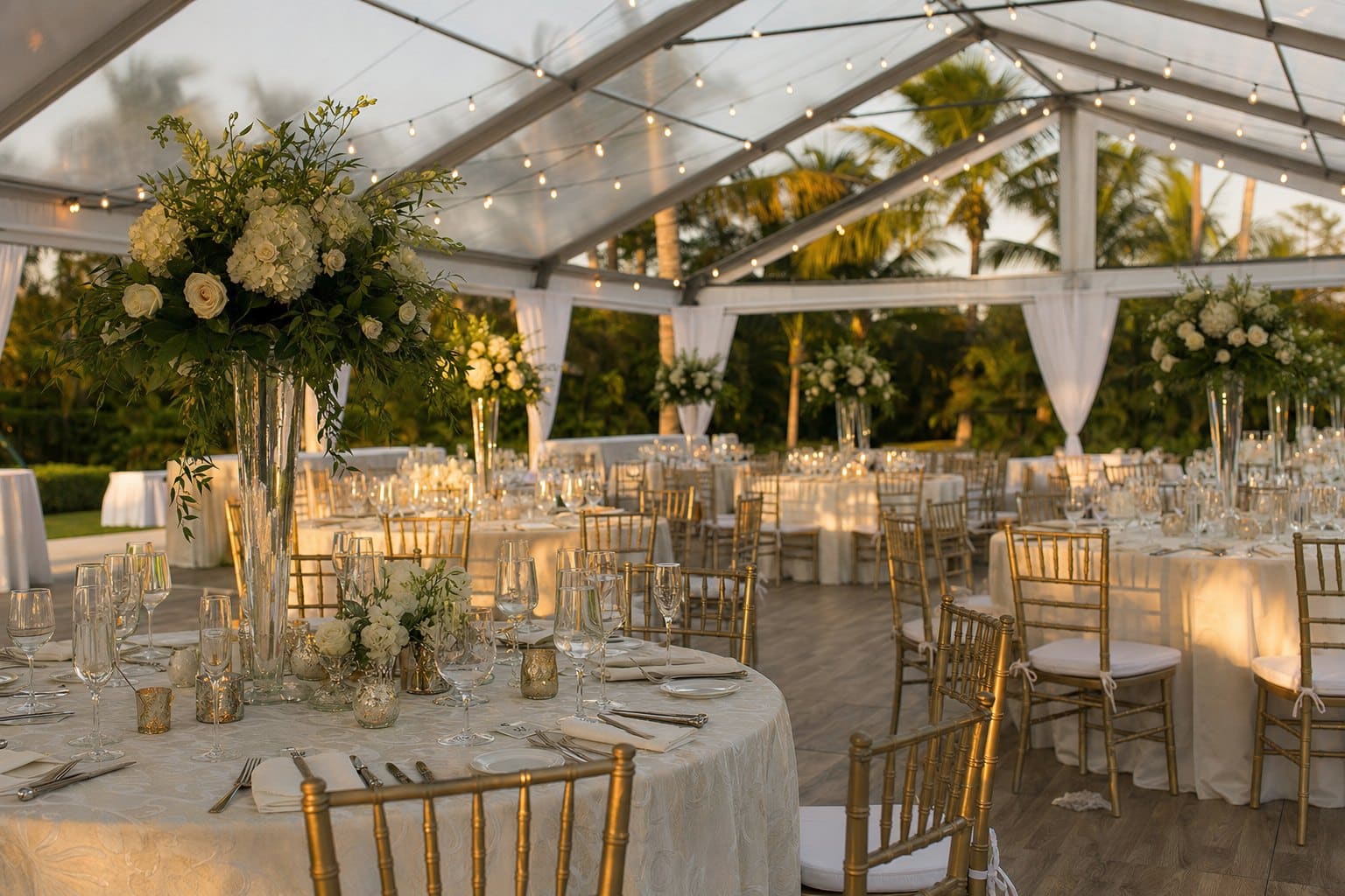 Elegant tented wedding reception with ivory linens and gold chiavari chairs by Creative Events & Rentals in Southwest Florida
