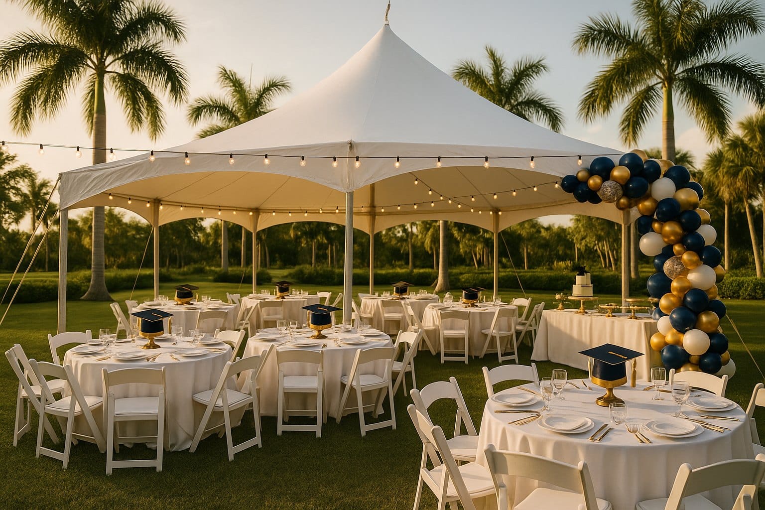 Outdoor graduation party celebration under a white tent with navy and gold decor