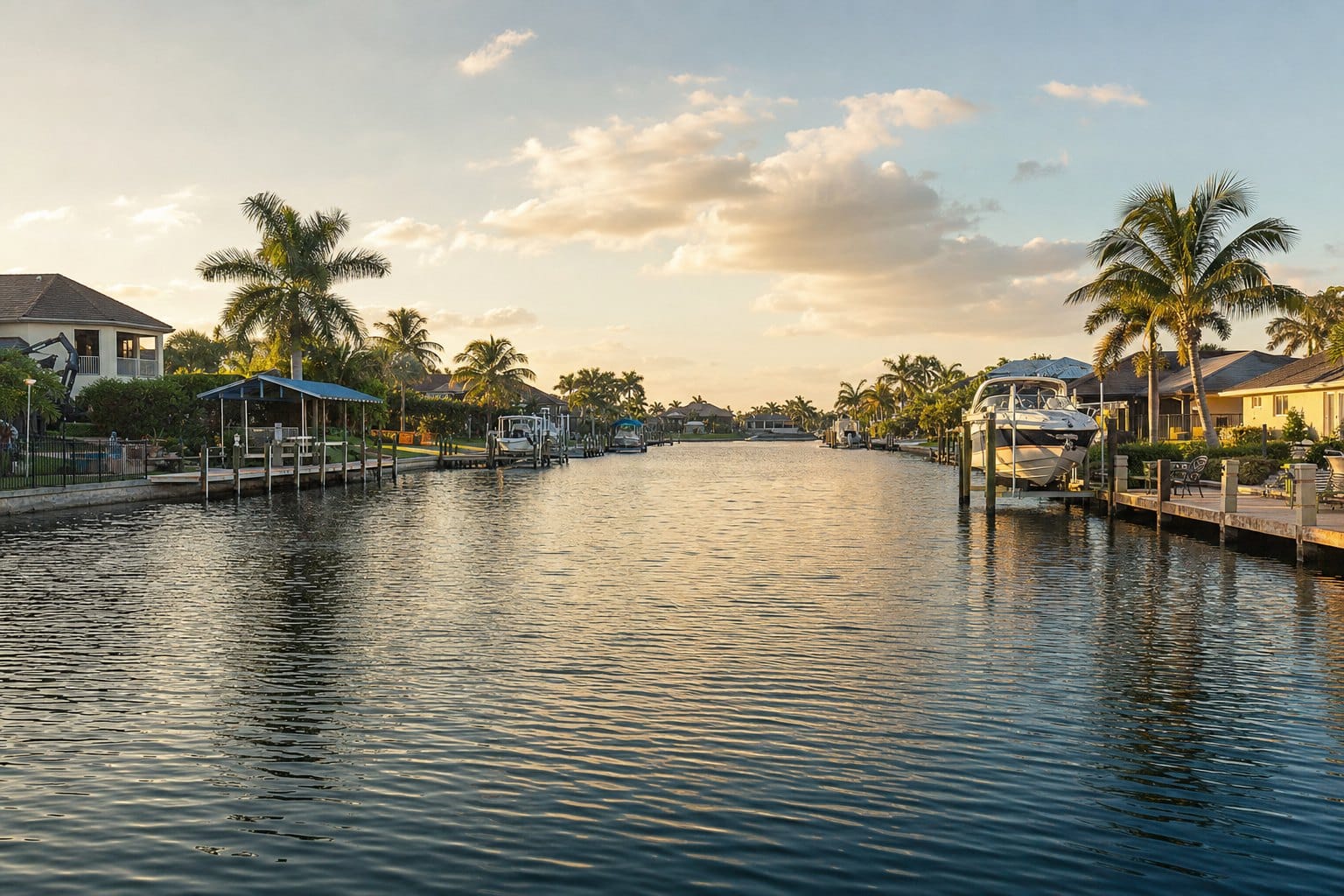Cape Coral waterfront canal with private boat docks and palm trees