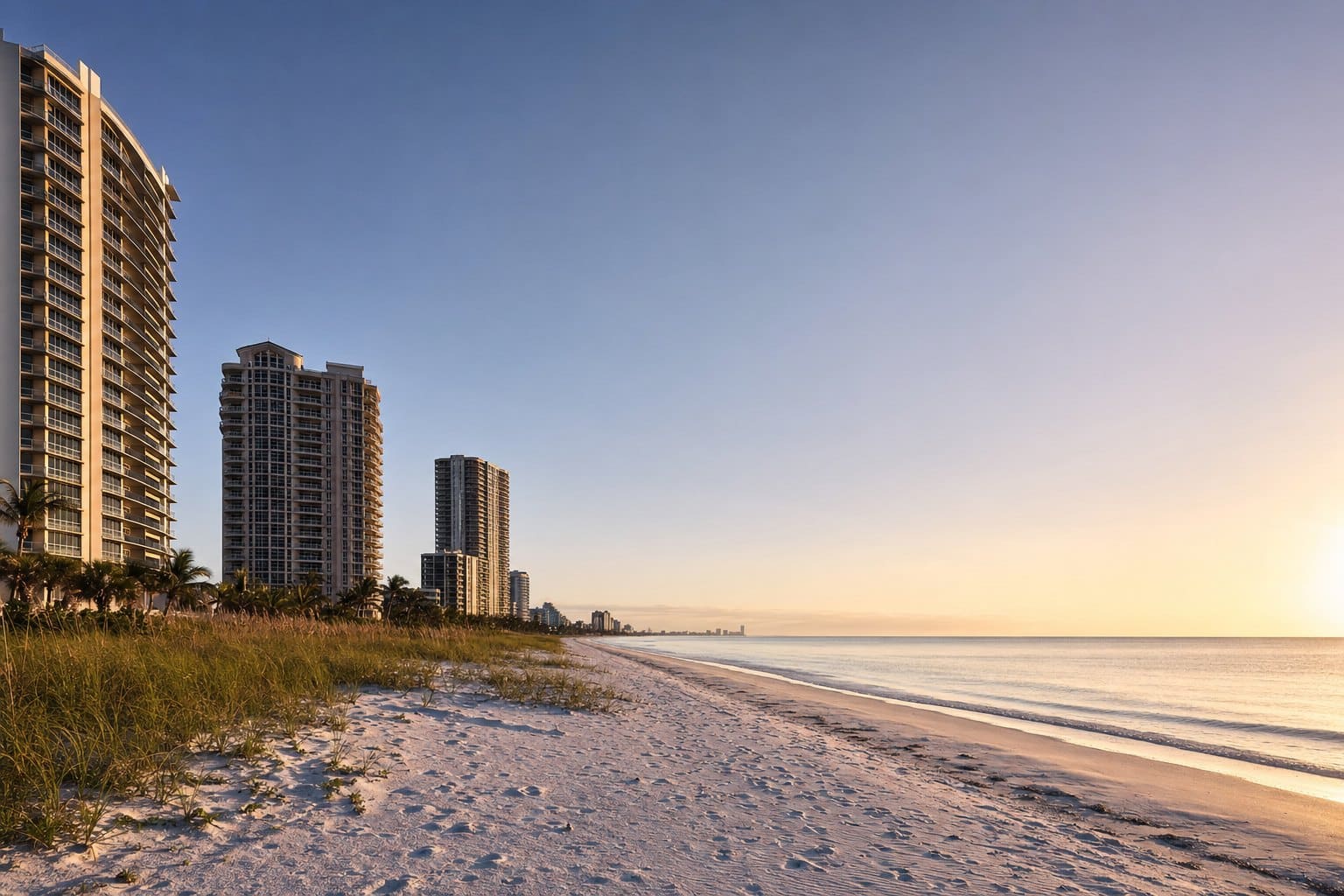 Marco Island beachfront with resort condominium towers and white sand