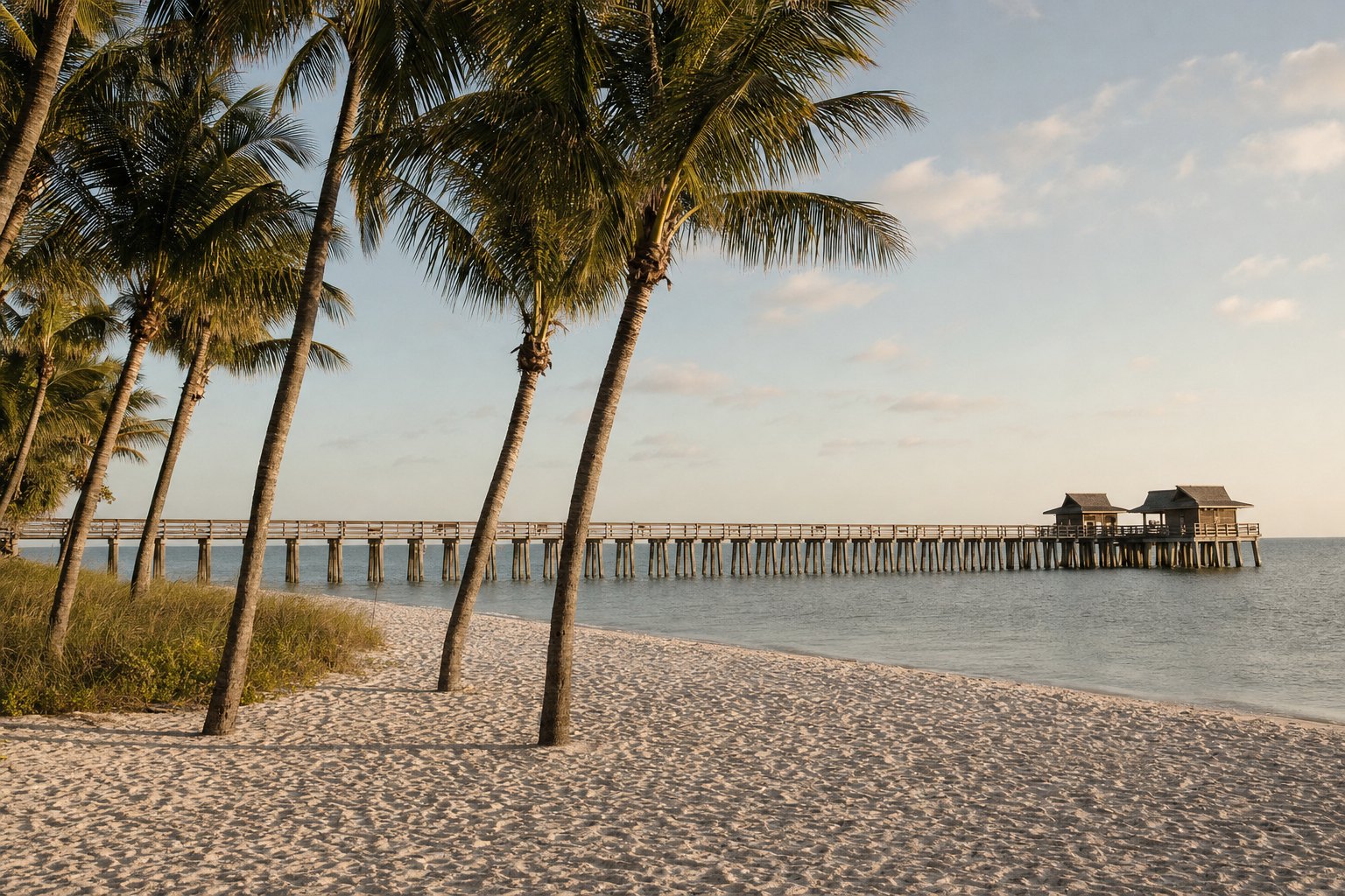 Naples Pier extending over the Gulf of Mexico at golden hour