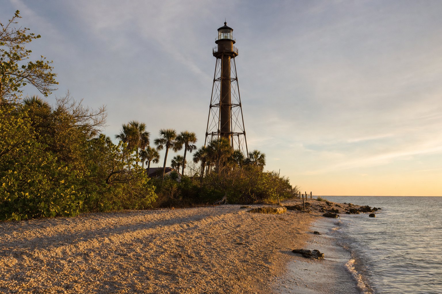 Historic Sanibel Island lighthouse on a shell beach