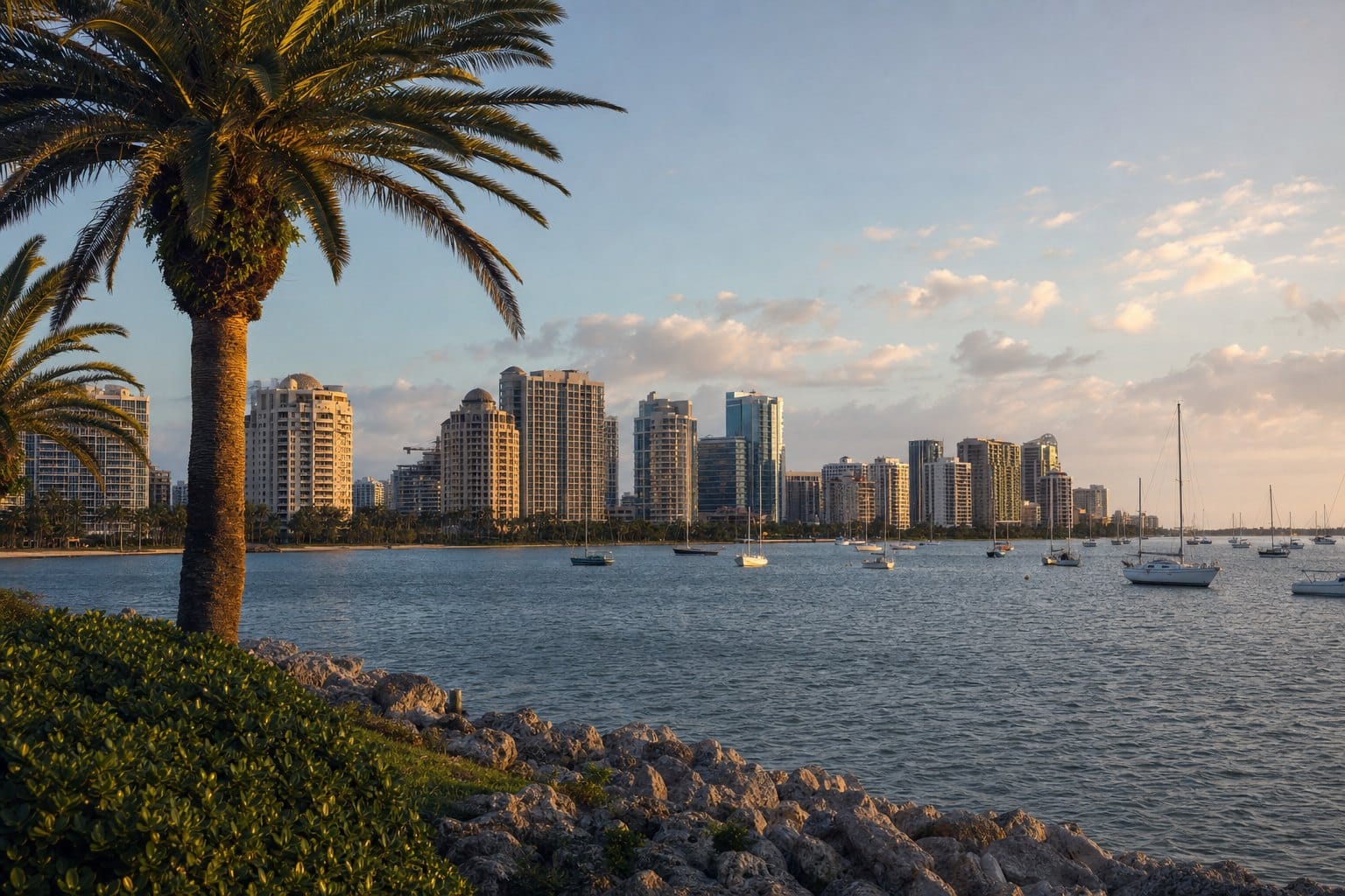 Sarasota bayfront with downtown skyline and moored sailboats