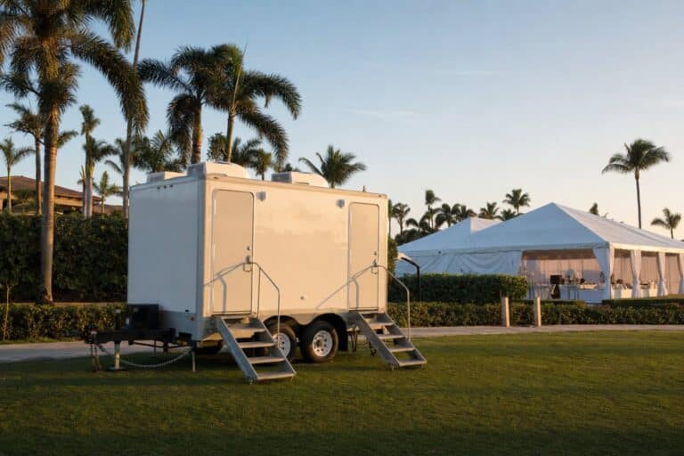 Luxury restroom trailer set up beside an event tent — Creative Events & Rentals, Fort Myers FL