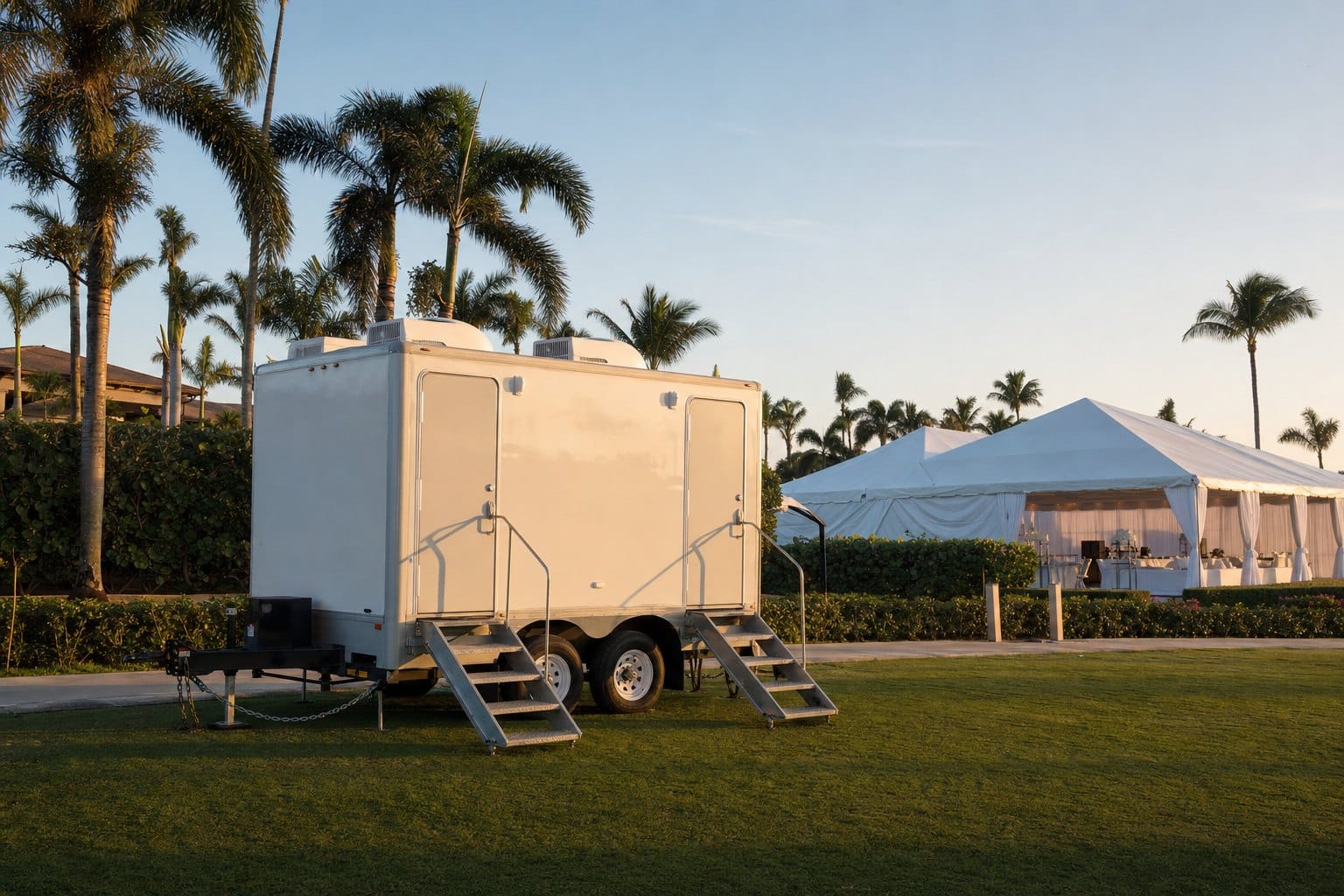 Luxury restroom trailer set up beside an event tent — Creative Events & Rentals, Fort Myers FL