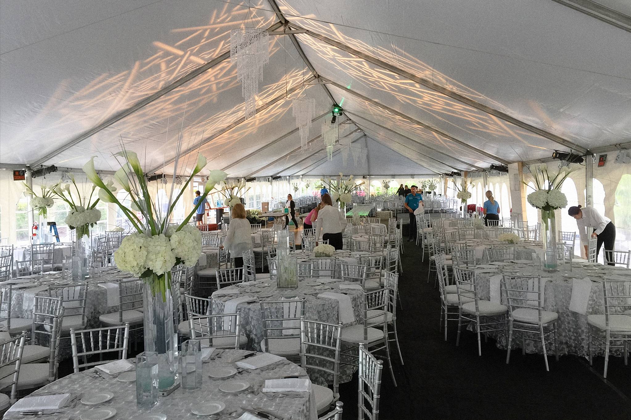 Evening tent party on a Fort Myers lawn with string lighting