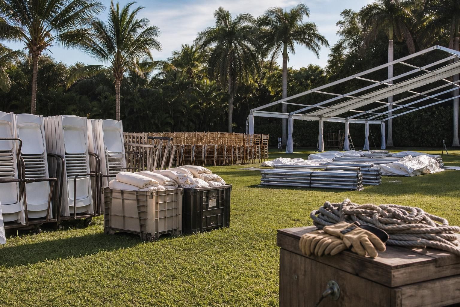 Event rental staging area with stacked chairs, linens and tent frame ready for installation