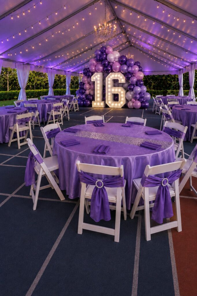Sweet sixteen party setup with balloon decor and styled tables