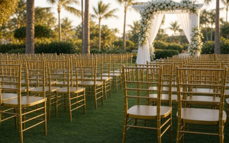 Gold Chiavari Chairs at a Wedding Ceremony — Creative Events & Rentals, Fort Myers FL